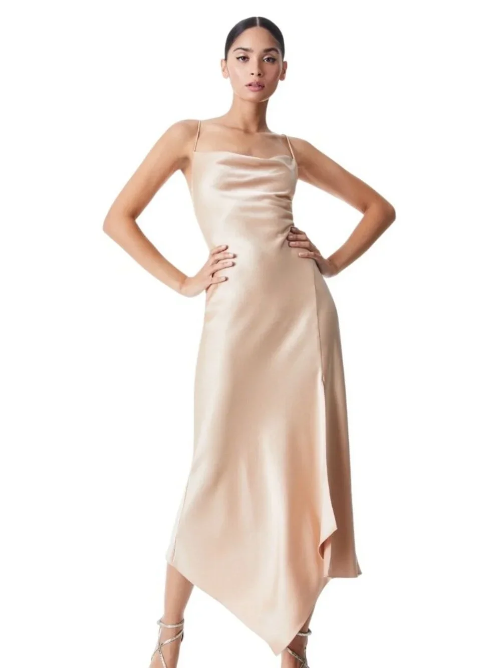Alice + Olivia Harmony Drapey Slip Midi Dress Almond Size 0 New With Tags